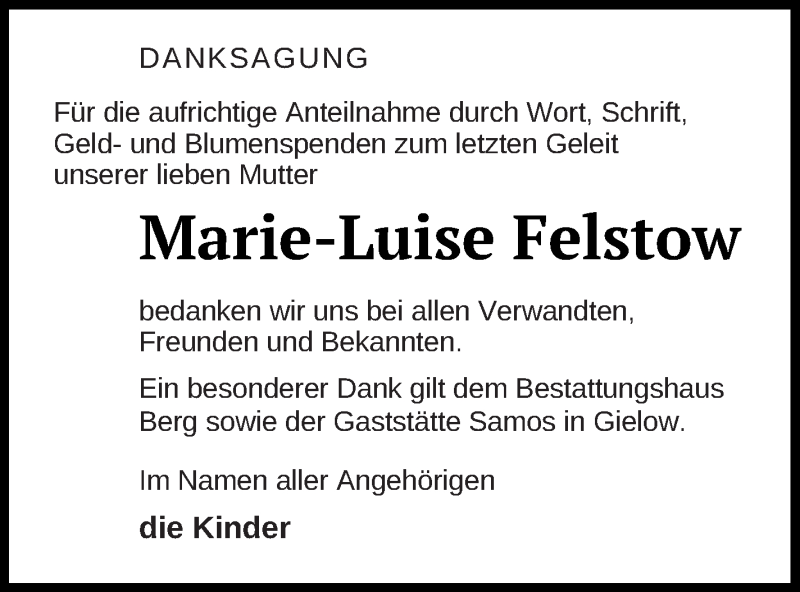  Traueranzeige für Marie-Luise Felstow vom 03.07.2020 aus Mecklenburger Schweiz