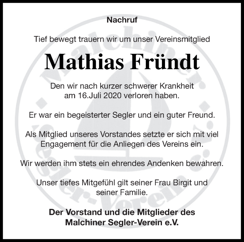  Traueranzeige für Mathias Fründt vom 31.07.2020 aus Mecklenburger Schweiz