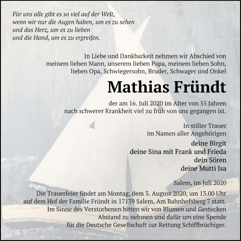  Traueranzeige für Mathias Fründt vom 24.07.2020 aus Mecklenburger Schweiz