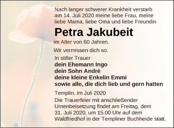 Traueranzeigen Von Petra Jakubeit Trauer Nordkurier