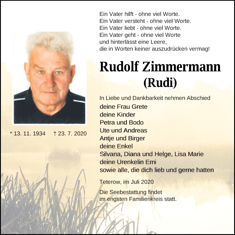  Traueranzeige für Rudolf Zimmermann vom 31.07.2020 aus Mecklenburger Schweiz