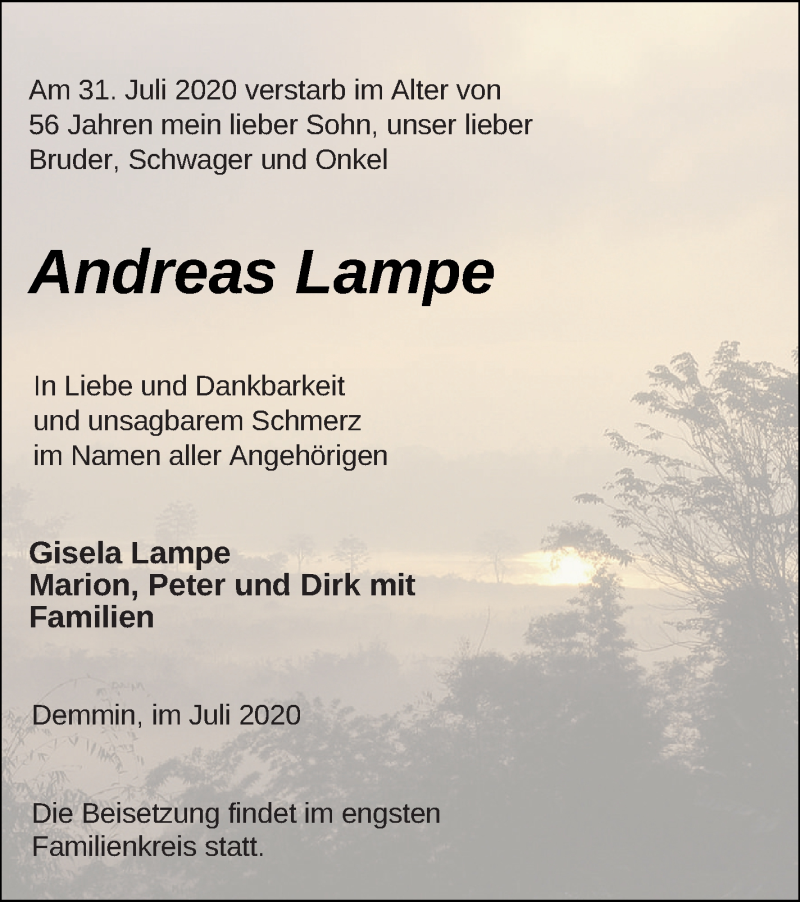 Traueranzeige für Andreas Lampe vom 06.08.2020 aus Demminer Zeitung