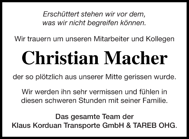  Traueranzeige für Christian Macher vom 15.08.2020 aus Templiner Zeitung