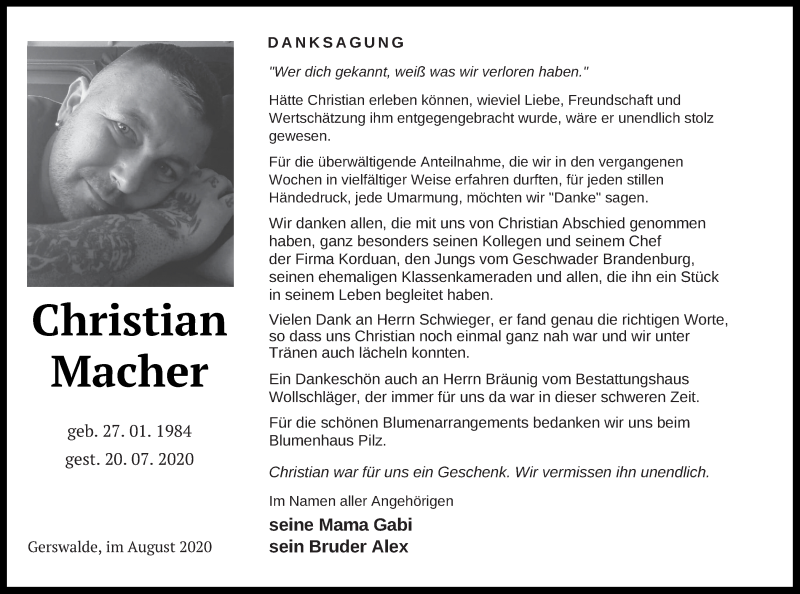  Traueranzeige für Christian Macher vom 29.08.2020 aus Templiner Zeitung