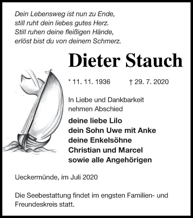  Traueranzeige für Dieter Stauch vom 07.08.2020 aus Haff-Zeitung