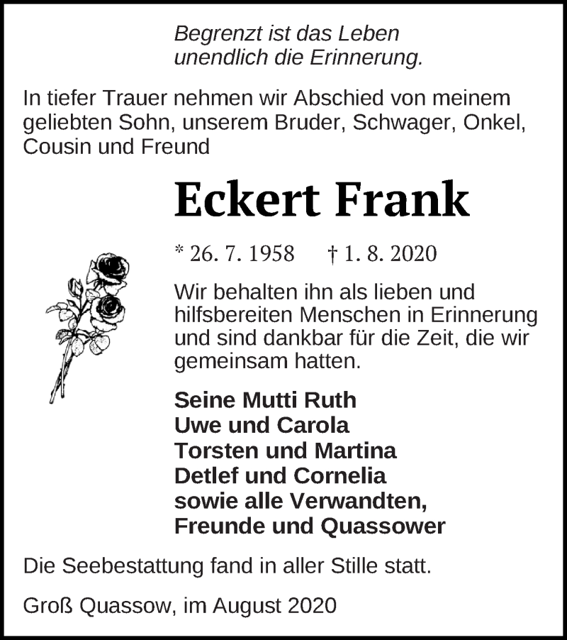  Traueranzeige für Eckert Frank vom 29.08.2020 aus Strelitzer Zeitung