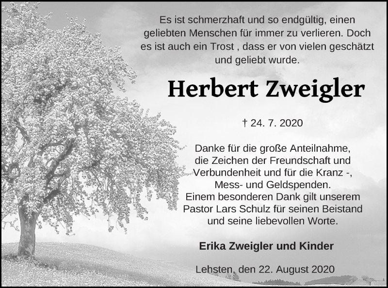  Traueranzeige für Herbert Zweigler vom 22.08.2020 aus Müritz-Zeitung