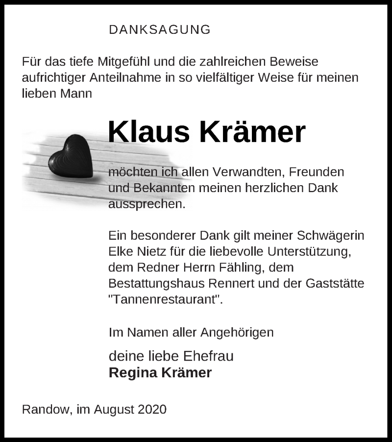  Traueranzeige für Klaus Krämer vom 19.08.2020 aus Demminer Zeitung