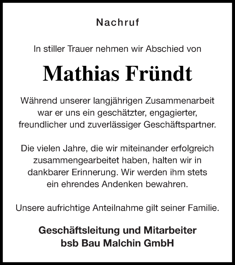 Traueranzeige für Mathias Fründt vom 07.08.2020 aus Mecklenburger Schweiz