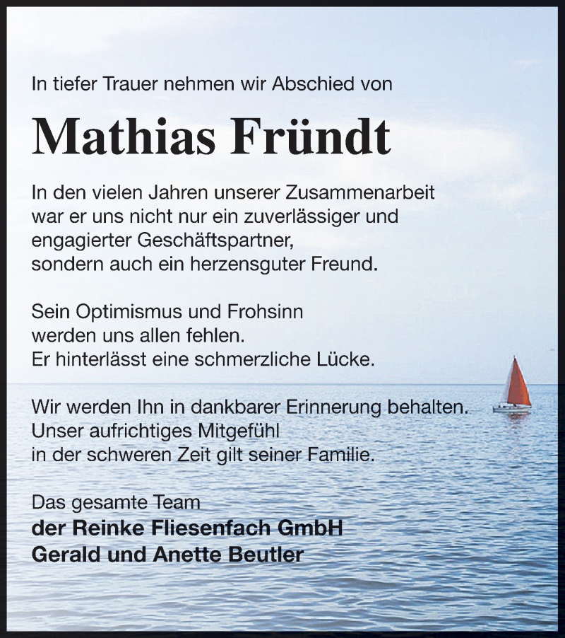  Traueranzeige für Mathias Fründt vom 12.08.2020 aus Mecklenburger Schweiz