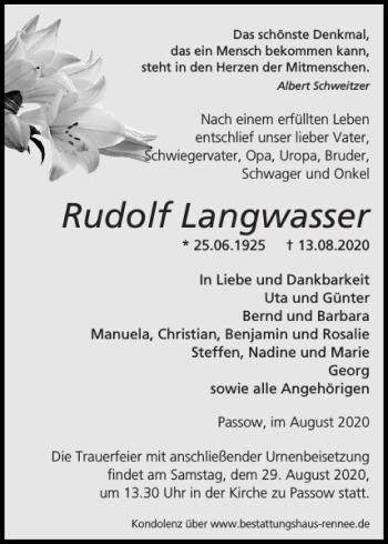 Traueranzeigen Von Rudolf Langwasser Trauer Nordkurier