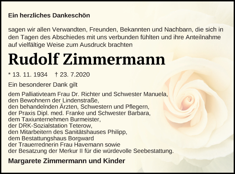  Traueranzeige für Rudolf Zimmermann vom 22.08.2020 aus Mecklenburger Schweiz