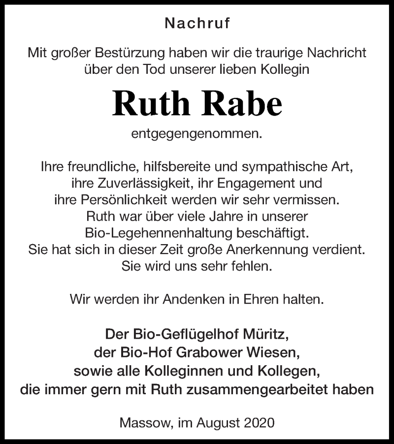  Traueranzeige für Ruth Rabe vom 18.08.2020 aus Müritz-Zeitung