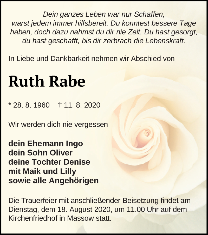  Traueranzeige für Ruth Rabe vom 15.08.2020 aus Müritz-Zeitung