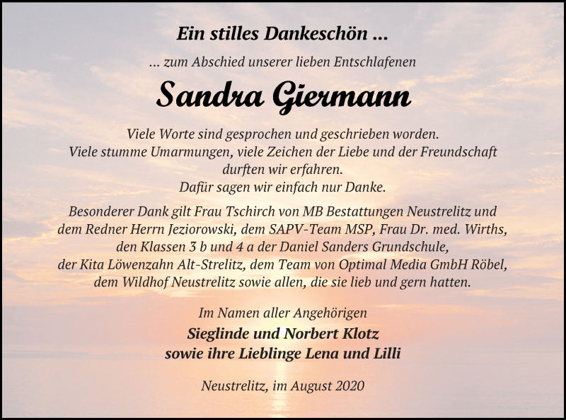  Traueranzeige für Sandra Giermann vom 27.08.2020 aus Strelitzer Zeitung