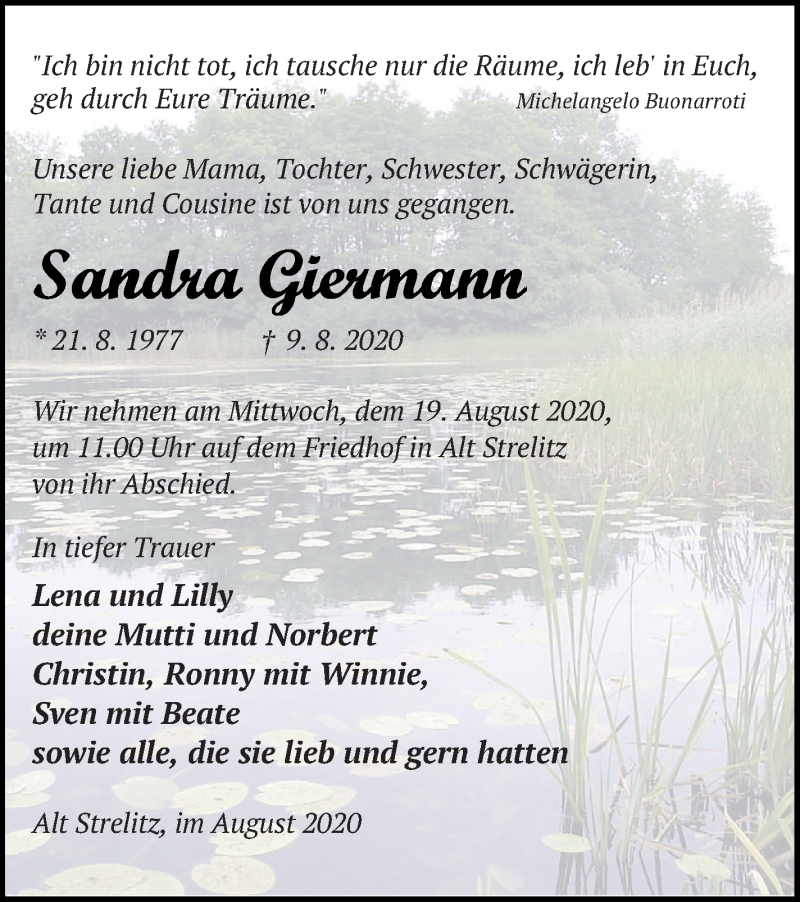  Traueranzeige für Sandra Giermann vom 12.08.2020 aus Strelitzer Zeitung