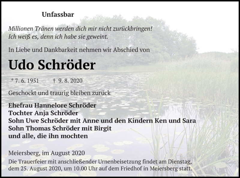  Traueranzeige für Udo Schröder vom 15.08.2020 aus Haff-Zeitung