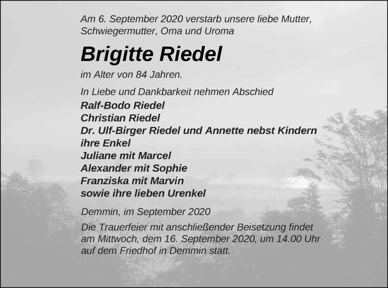  Traueranzeige für Brigitte Riedel vom 09.09.2020 aus Demminer Zeitung
