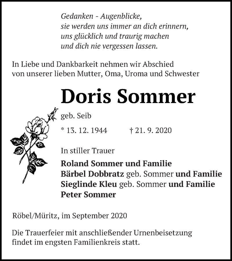  Traueranzeige für Doris Sommer vom 26.09.2020 aus Müritz-Zeitung