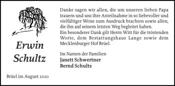 Traueranzeigen Von Erwin Schultz Trauer Nordkurier