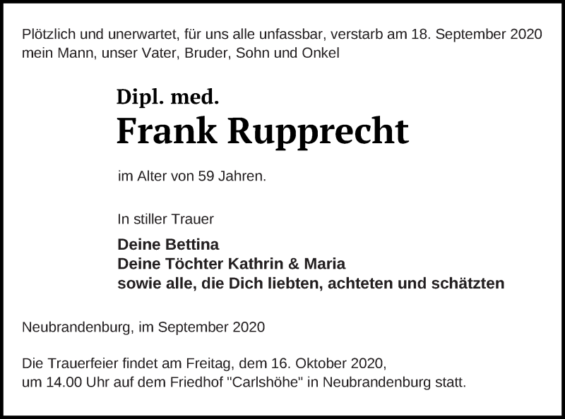  Traueranzeige für Frank Rupprecht vom 26.09.2020 aus Haff-Zeitung