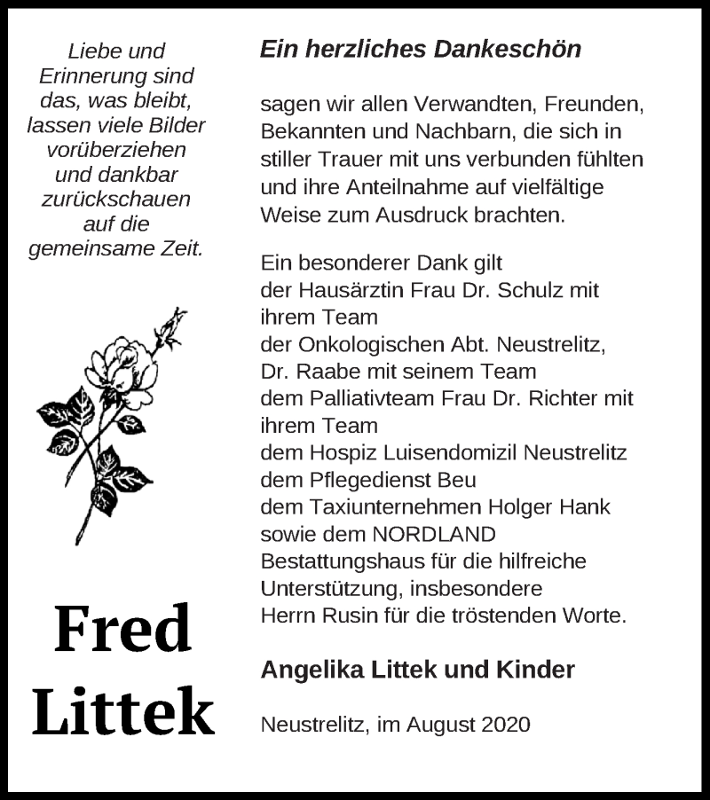  Traueranzeige für Fred Littek vom 25.09.2020 aus Strelitzer Zeitung