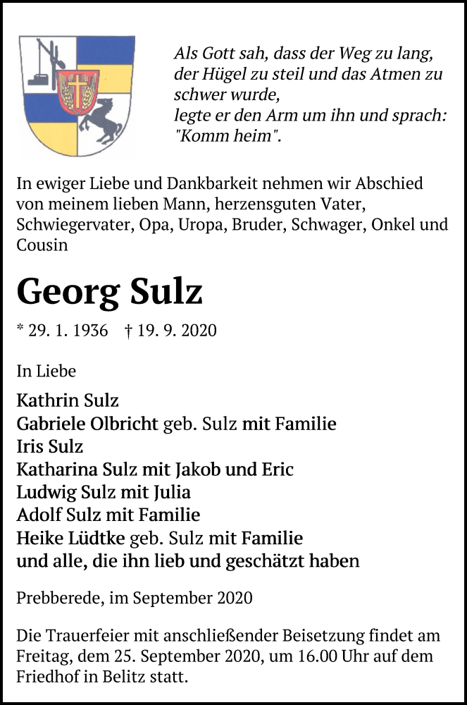  Traueranzeige für Georg Sulz vom 23.09.2020 aus Mecklenburger Schweiz