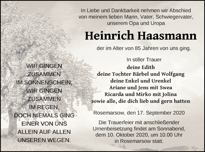  Traueranzeige für Heinrich Haasmann vom 22.09.2020 aus Neubrandenburger Zeitung