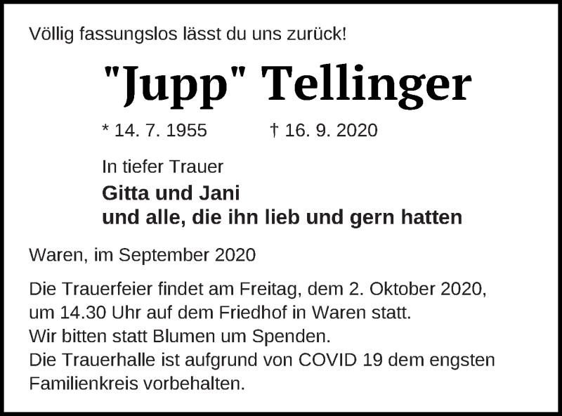  Traueranzeige für Jupp Tellinger vom 26.09.2020 aus Müritz-Zeitung