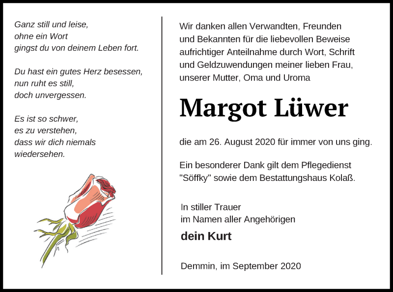  Traueranzeige für Margot Lüwer vom 16.09.2020 aus Demminer Zeitung