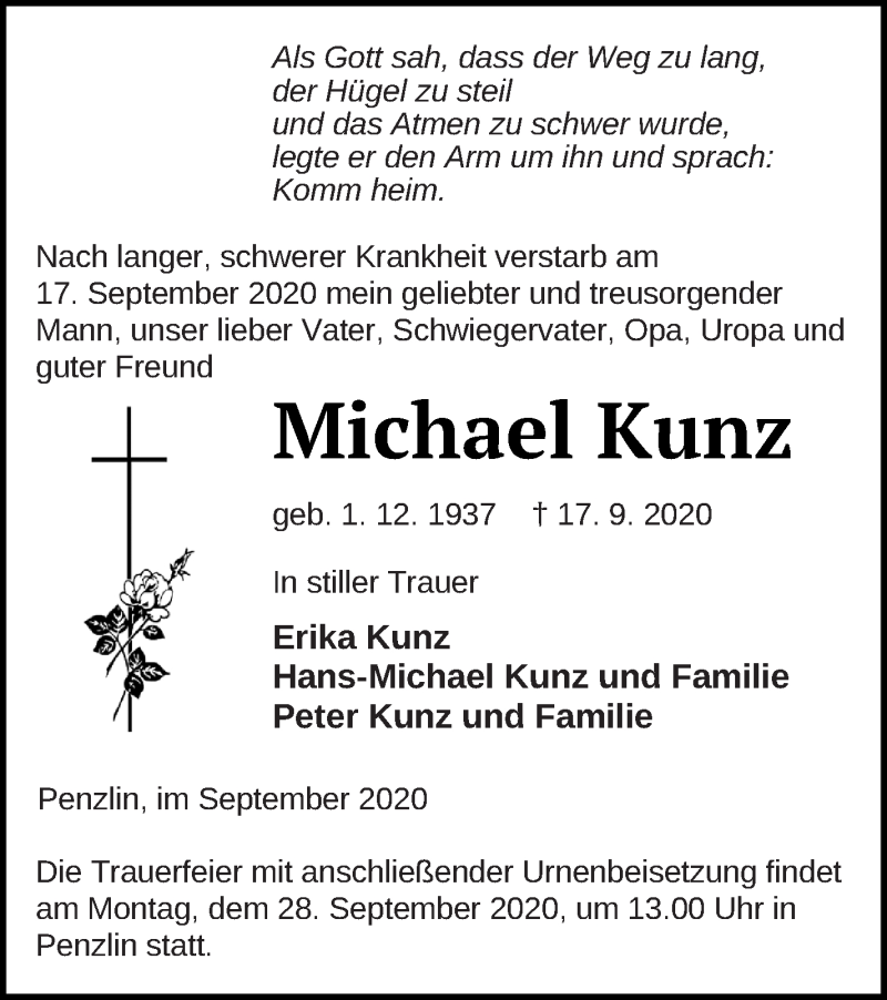  Traueranzeige für Michael Kunz vom 25.09.2020 aus Müritz-Zeitung