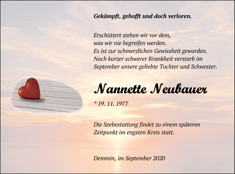  Traueranzeige für Nannette Neubauer vom 26.09.2020 aus Demminer Zeitung