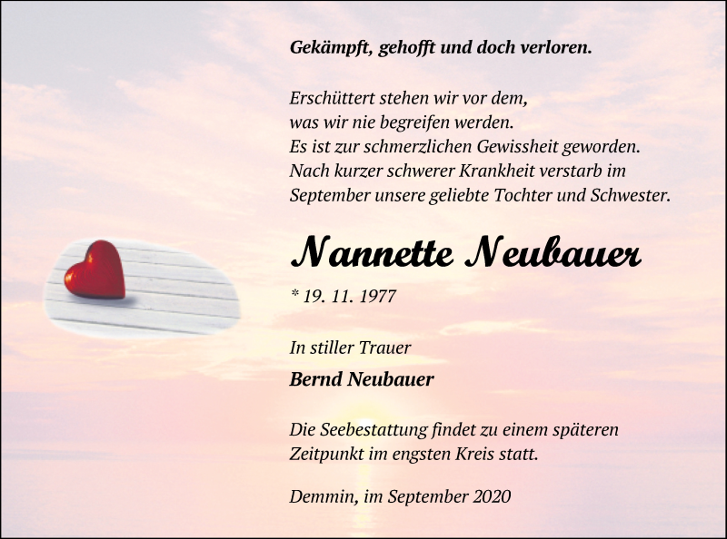  Traueranzeige für Nannette Neubauer vom 29.09.2020 aus Demminer Zeitung