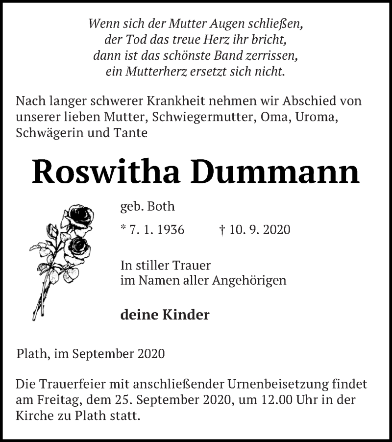  Traueranzeige für Roswitha Dummann vom 19.09.2020 aus Neubrandenburger Zeitung