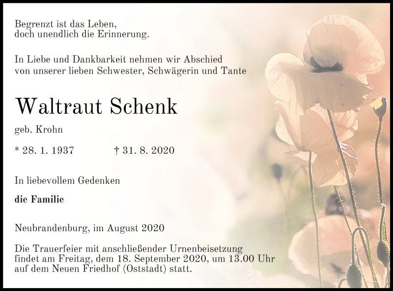  Traueranzeige für Waltraut Schenk vom 05.09.2020 aus Neubrandenburger Zeitung