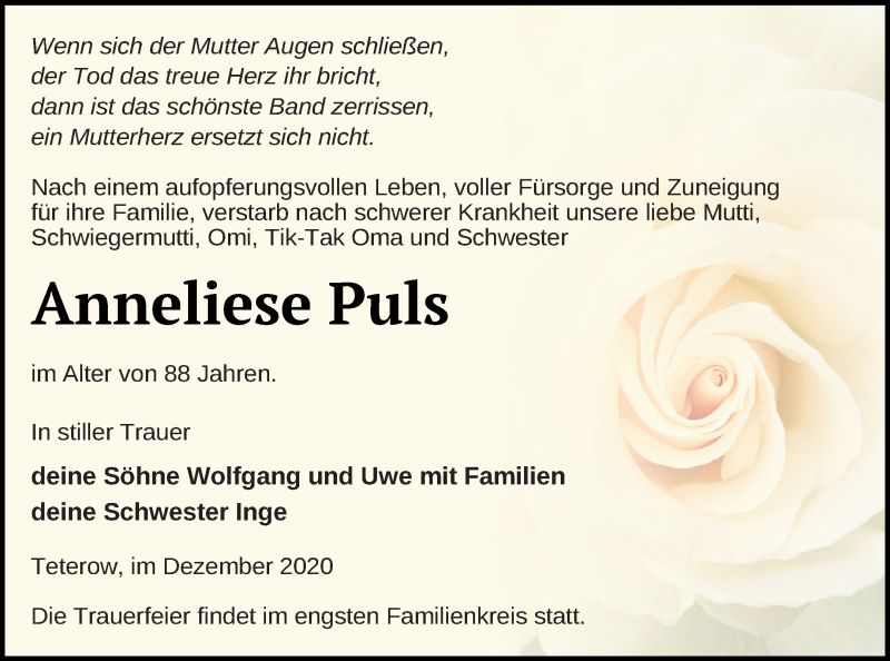 Traueranzeige für Anneliese Puls vom 08.01.2021 aus Mecklenburger Schweiz