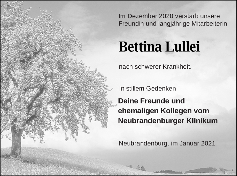 Traueranzeige für Bettina Lullei vom 30.01.2021 aus Neubrandenburger Zeitung