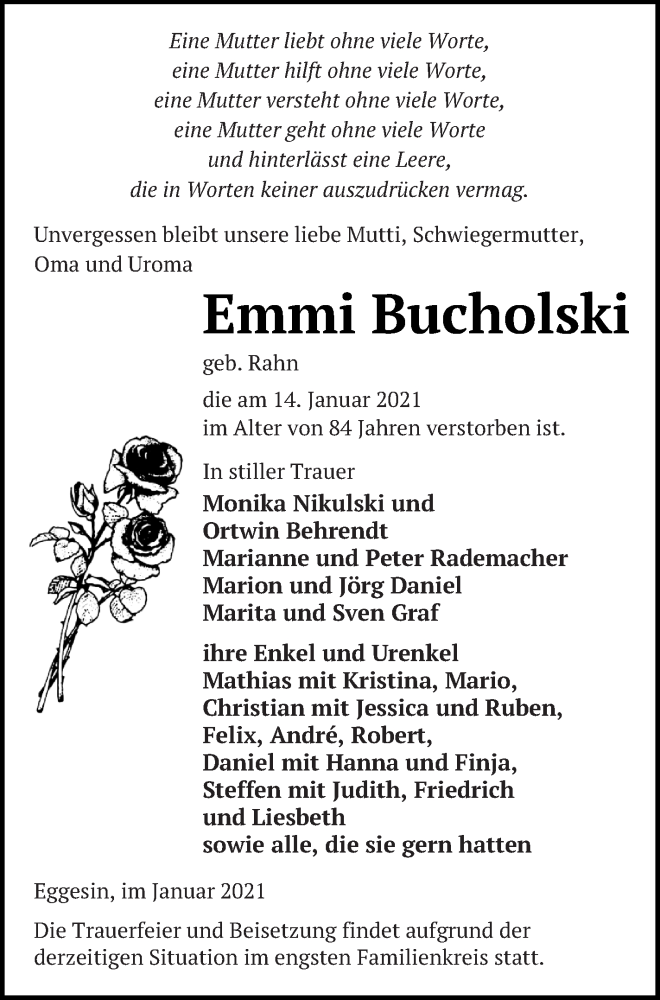  Traueranzeige für Emmi Bucholski vom 22.01.2021 aus Haff-Zeitung