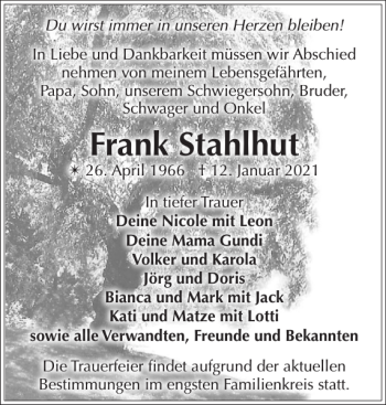 Traueranzeigen Von Frank Stahlhut Trauer Nordkurier