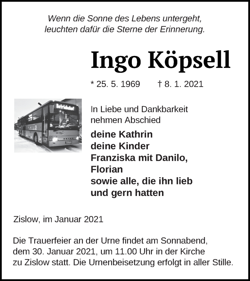  Traueranzeige für Ingo Köpsell vom 14.01.2021 aus Müritz-Zeitung