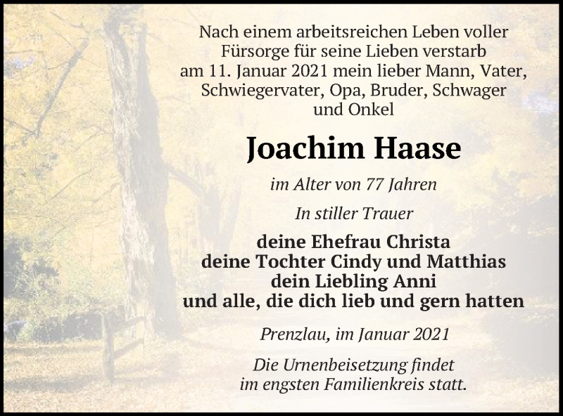  Traueranzeige für Joachim Haase vom 22.01.2021 aus Prenzlauer Zeitung