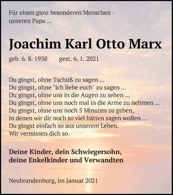 Traueranzeigen Von Joachim Karl Otto Marx Trauer Nordkurier