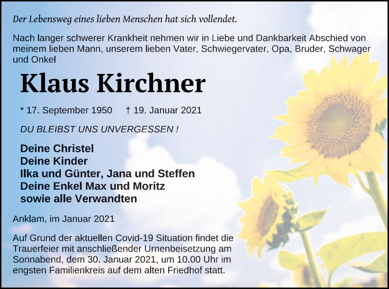  Traueranzeige für Klaus Kirchner vom 23.01.2021 aus Vorpommern Kurier