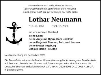 Traueranzeigen Von Lothar Neumann Trauer Nordkurier