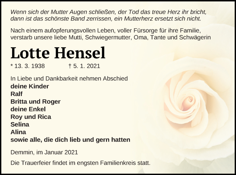  Traueranzeige für Lotte Hensel vom 08.01.2021 aus Demminer Zeitung