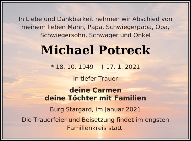  Traueranzeige für Michael Potreck vom 23.01.2021 aus Neubrandenburger Zeitung
