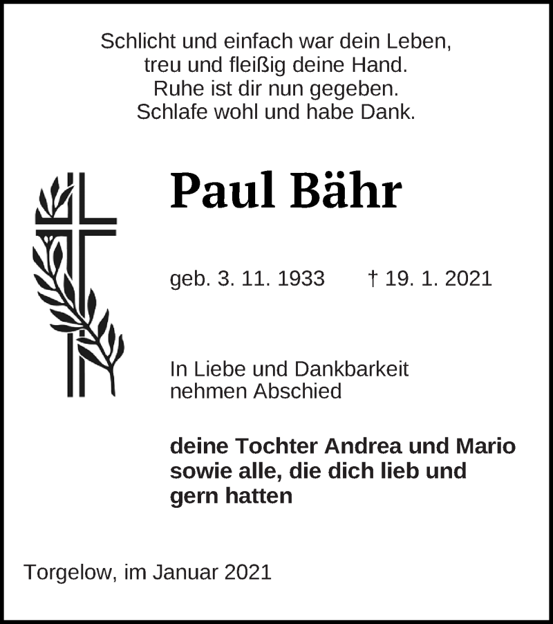  Traueranzeige für Paul Bähr vom 22.01.2021 aus Haff-Zeitung