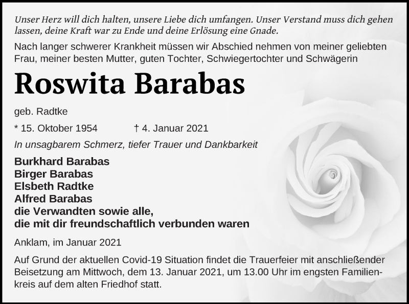  Traueranzeige für Roswita Barabas vom 09.01.2021 aus Vorpommern Kurier