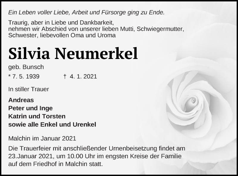  Traueranzeige für Silvia Neumerkel vom 09.01.2021 aus Mecklenburger Schweiz
