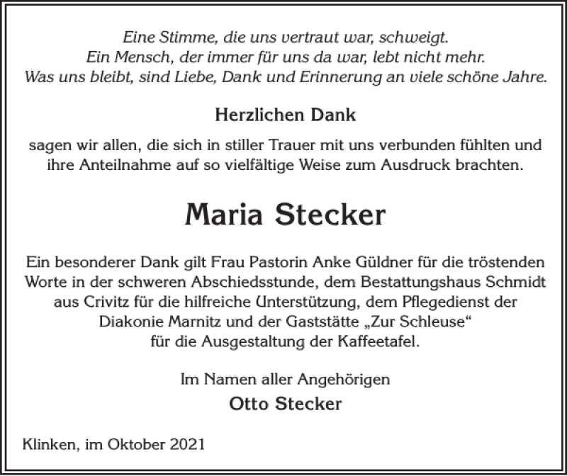 Traueranzeigen Von Maria Stecker Trauer Nordkurier